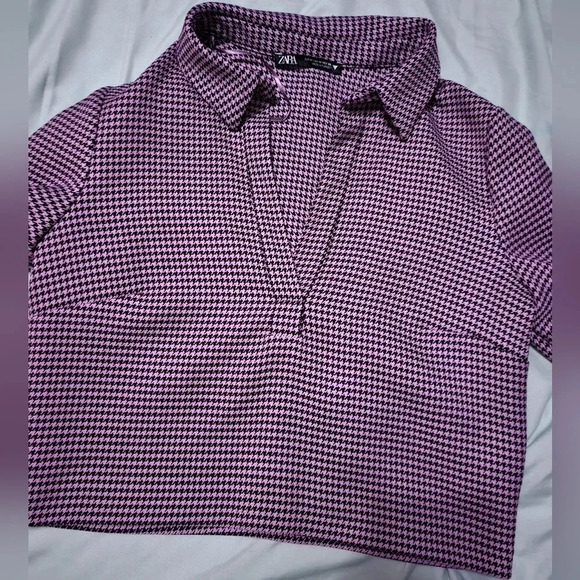 Zara Cropped V-Neck Collared Herringbone Print Top, Black & Pinkish Purple, EUC! - Picture 6 of 7